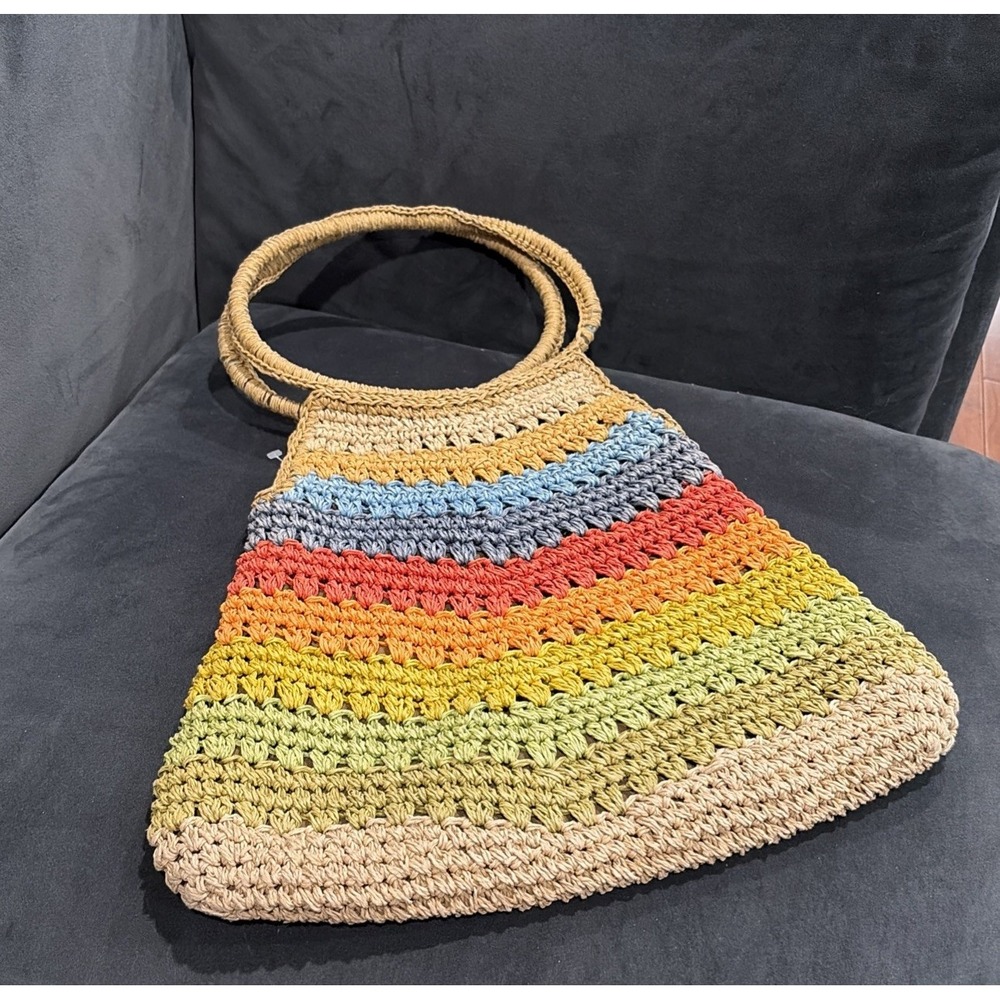 Vintage Cappelli Straworld Rainbow Striped Crochet Woven Toyo Handbag Purse Tote